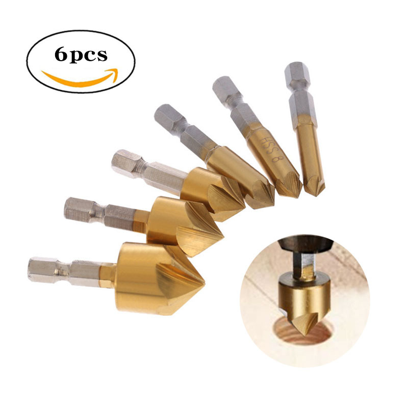 Woodworking five-edge chamfering tool, hexagonal handle, titanium-coated 6-19 set wholesale, 90-degree chamfering knife, drill bit deburring tool full figure