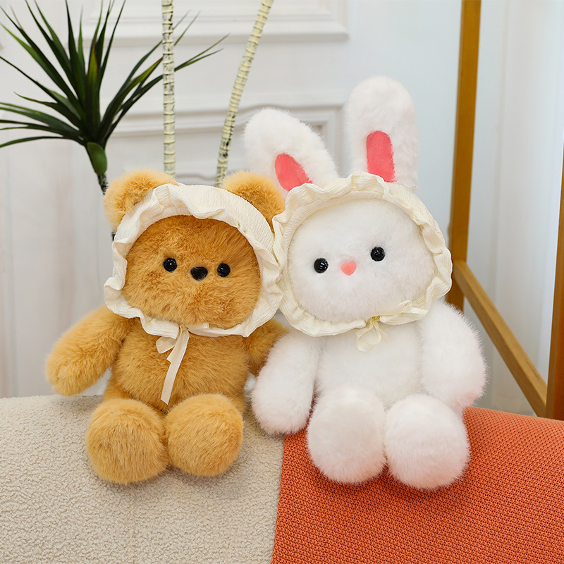 Wholesale of new baby caps, teddy bear plush toys, children's sleeping comfort cat cushions, girl rabbit dolls details Picture