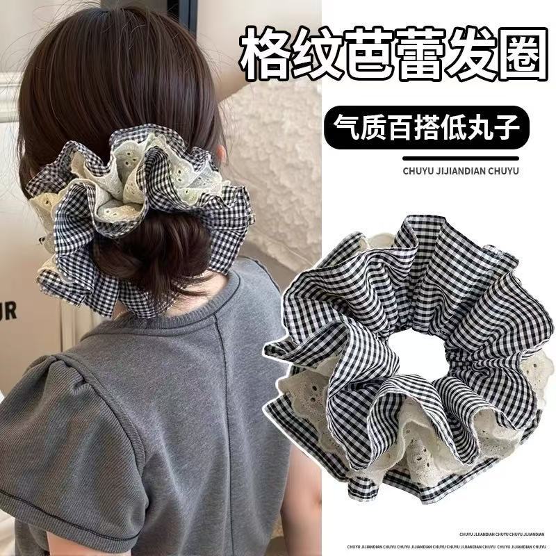 Korean checkered lace large hair band for women, 2025 new style hair tie, ins style, super large bun hair accessory details Picture