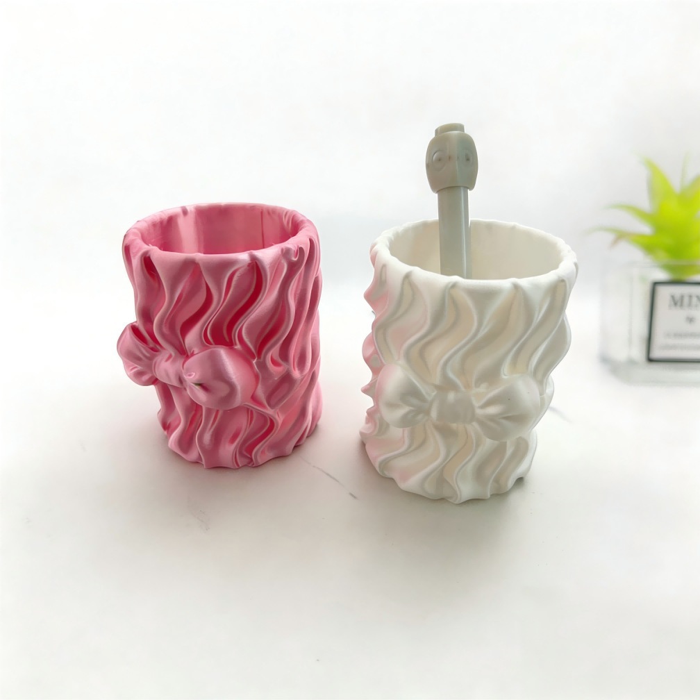 Color rosa ondulado patrón arco rotary pen holder blanco impresión 3D papelería de oficina almacenamiento decoración de escritorio creativa details Picture