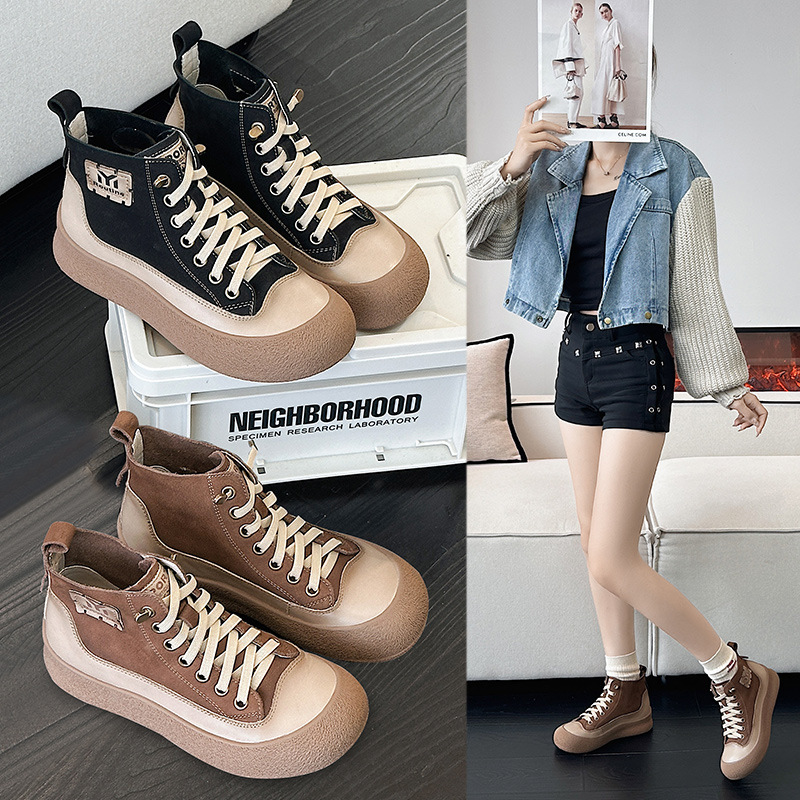 头层牛皮高帮鞋2025秋冬新款百搭休闲马丁靴显瘦厚底女鞋真皮短靴