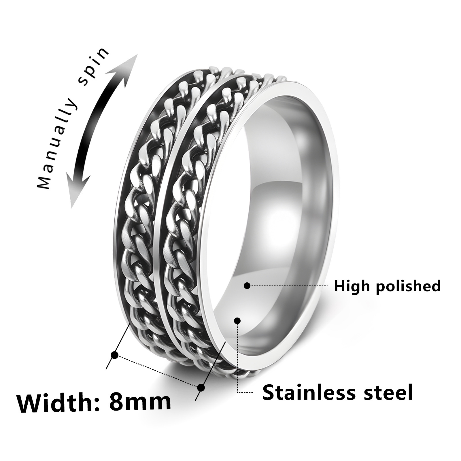 Factory direct sales of men's titanium steel double-chain rotating rings, cross-border rotating stress-relieving accessories, cross-border jewelry wholesale Item Picture