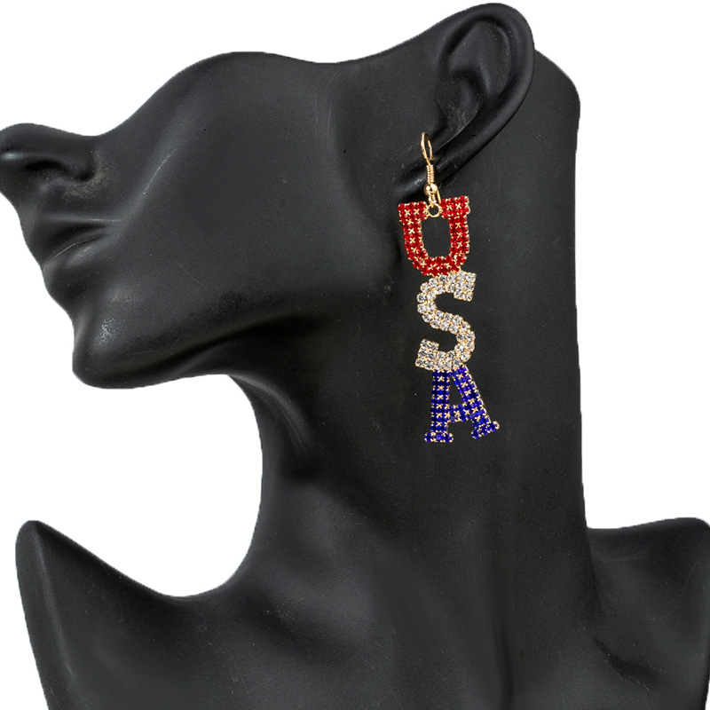 Amazon's best-selling English letter USA American flag color water diamond earrings for women, cross-border European and American full-diamond earrings for women, long style and elegant details Picture