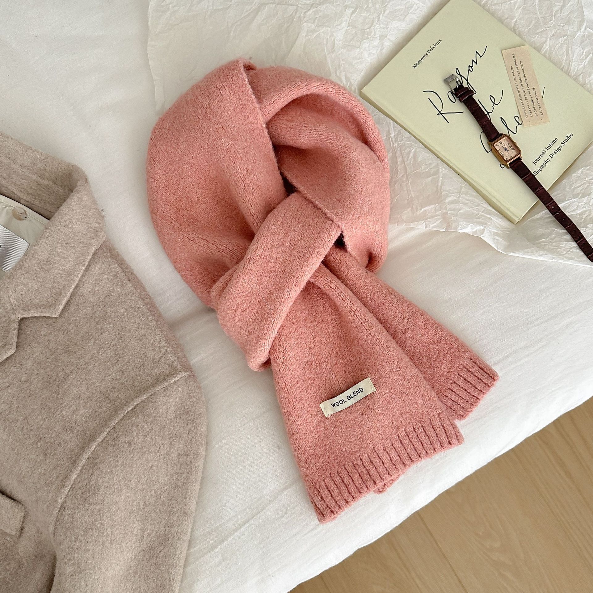 Solid-color wool blend scarf for women, autumn and winter, knitted woolen, warm, Korean-style, versatile, fashionable, fresh and sweet neck Specification image