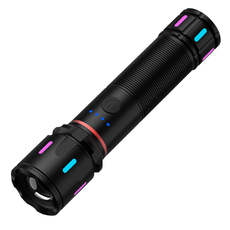 跨境批发派力德强光手电筒荧光彩条伸缩变焦铝合金远射白激光手电白底实物图