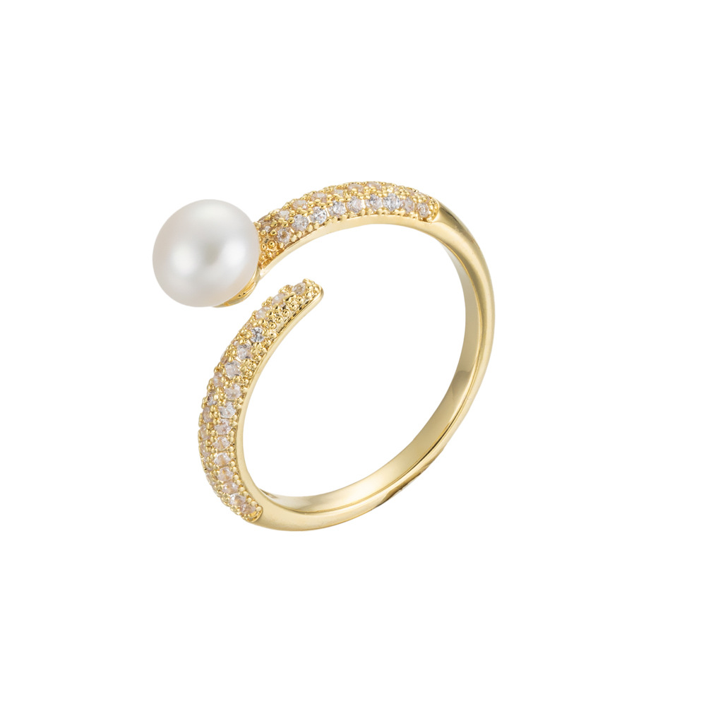 Fashionable and simple freshwater pearl open ring, copper alloy slightly inlaid zirconium light luxury adjustable index finger ring, exquisite ring Item Picture