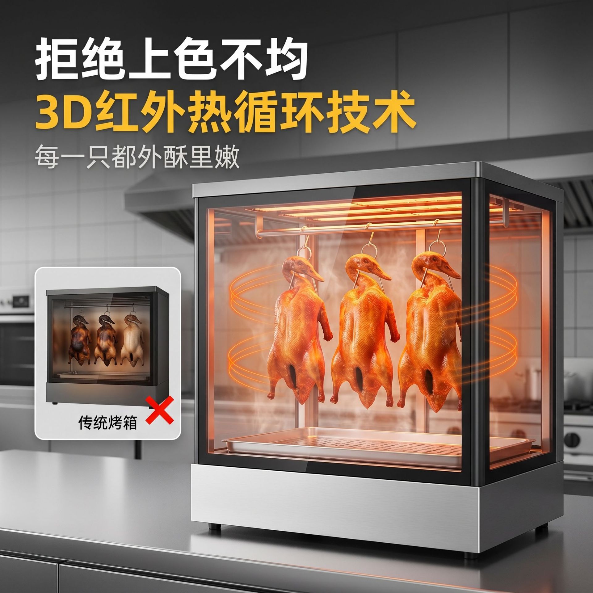 Hot air circulation roast duck insulation cabinet, commercial constant temperature heating display cabinet, cooked food, roast meat, crispy skin and pork belly insulation cabinet details Picture