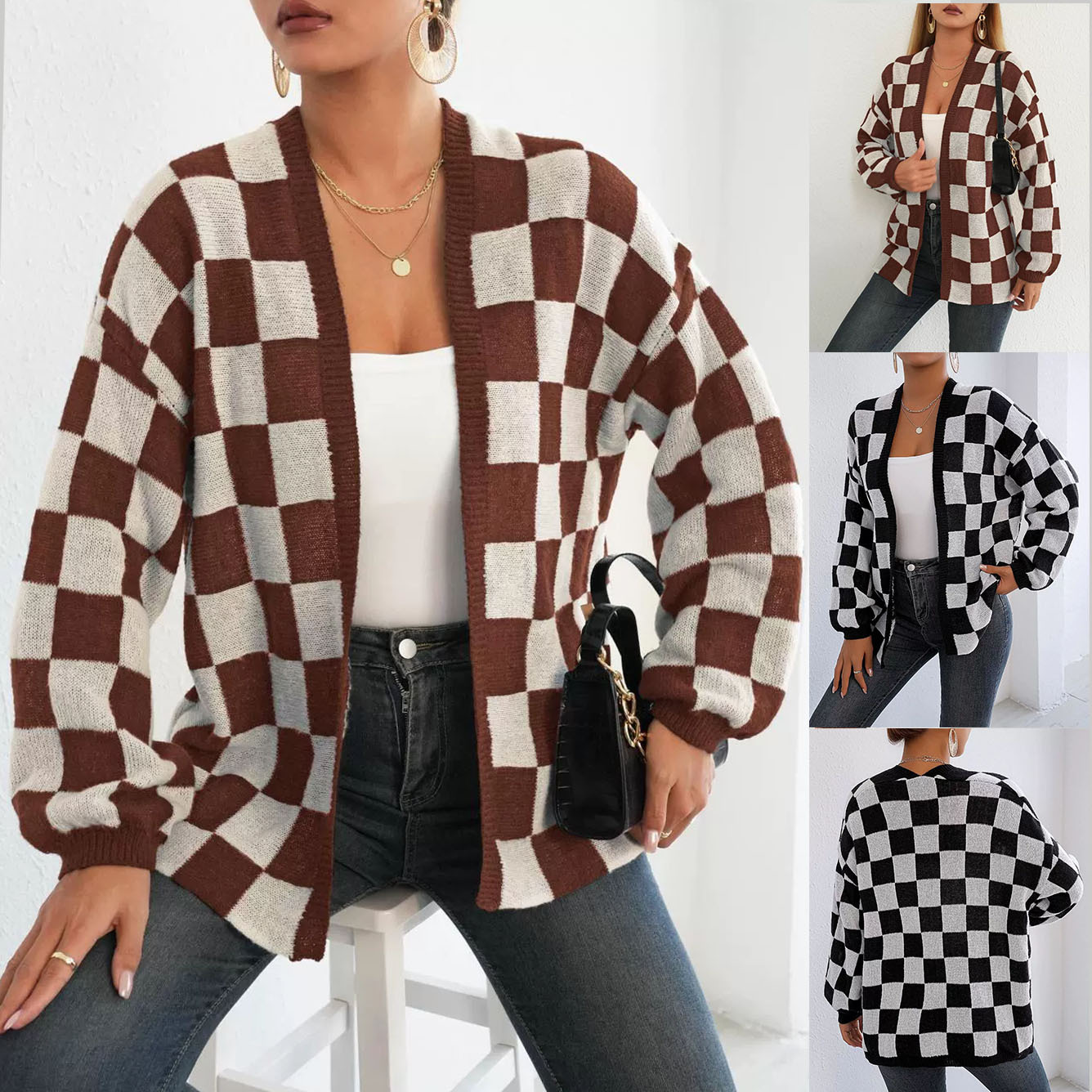 European and American women's cardigans for export, European and American women's sweaters, cross-border woolen thick checkered casual sweater jackets Application Scenario