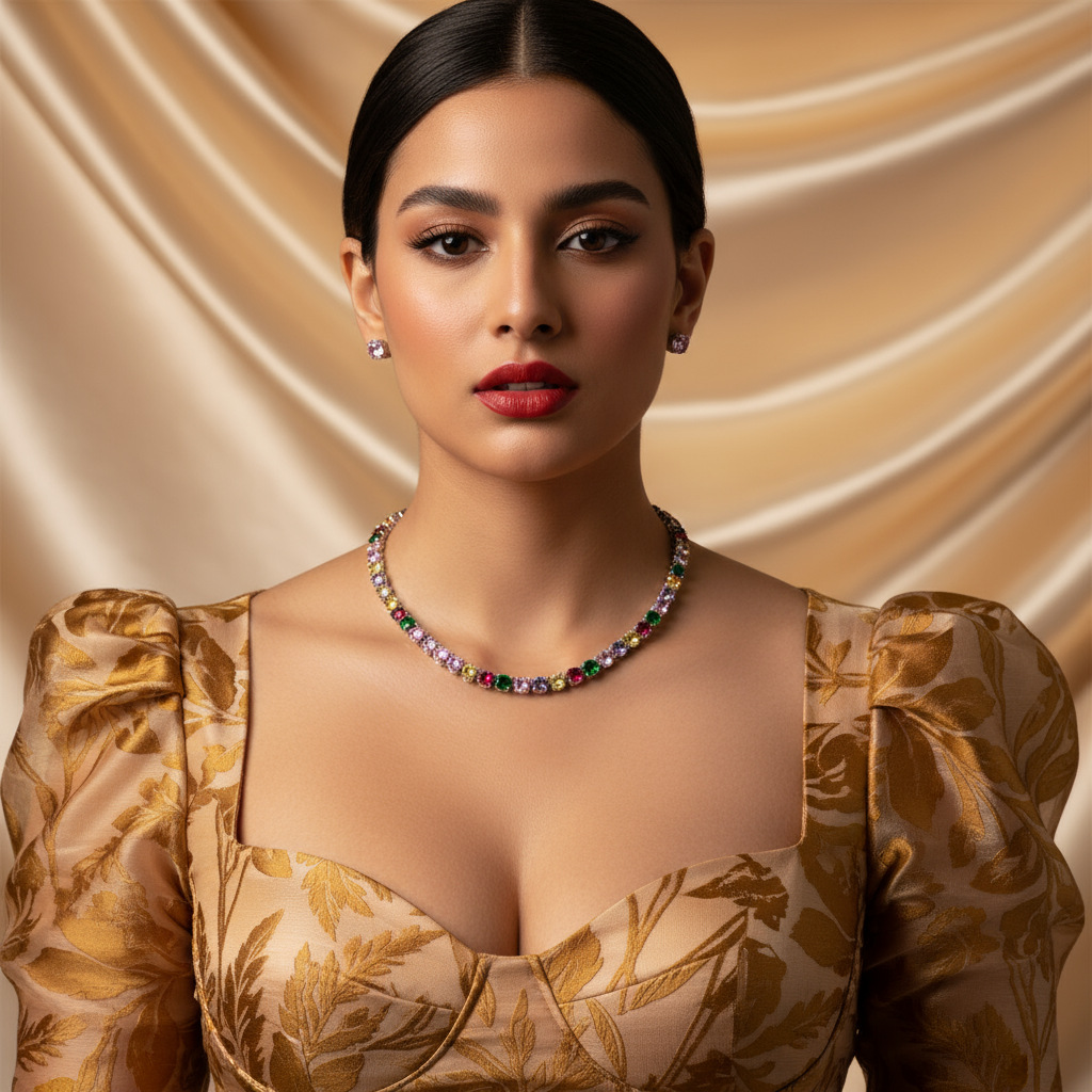 A two-piece set of colorful zircon necklaces for European and American brides, casual and versatile, hip-hop noble stud wedding accessories and earrings