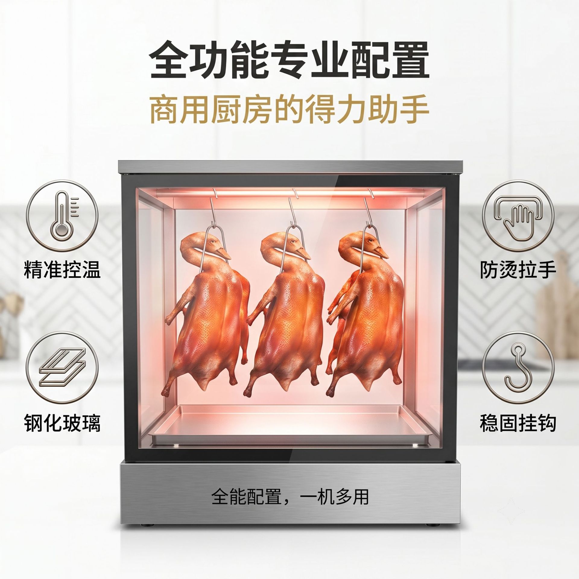 Hot air circulation roast duck insulation cabinet, commercial constant temperature heating display cabinet, cooked food, roast meat, crispy skin and pork belly insulation cabinet Application Scenario