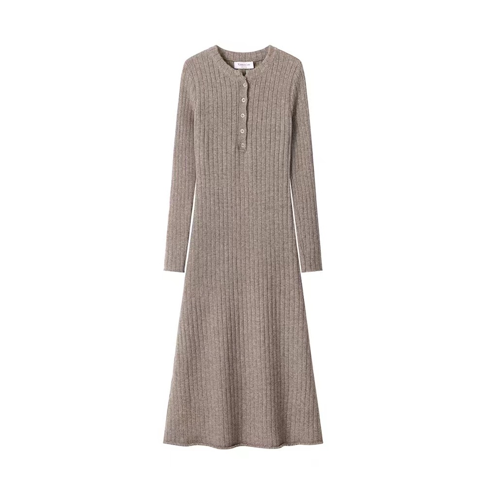 Retro, simple and versatile knitted long-sleeved dress for women, spring waist-cinching and slimming A-line dress, new autumn and winter base long dress Item Picture