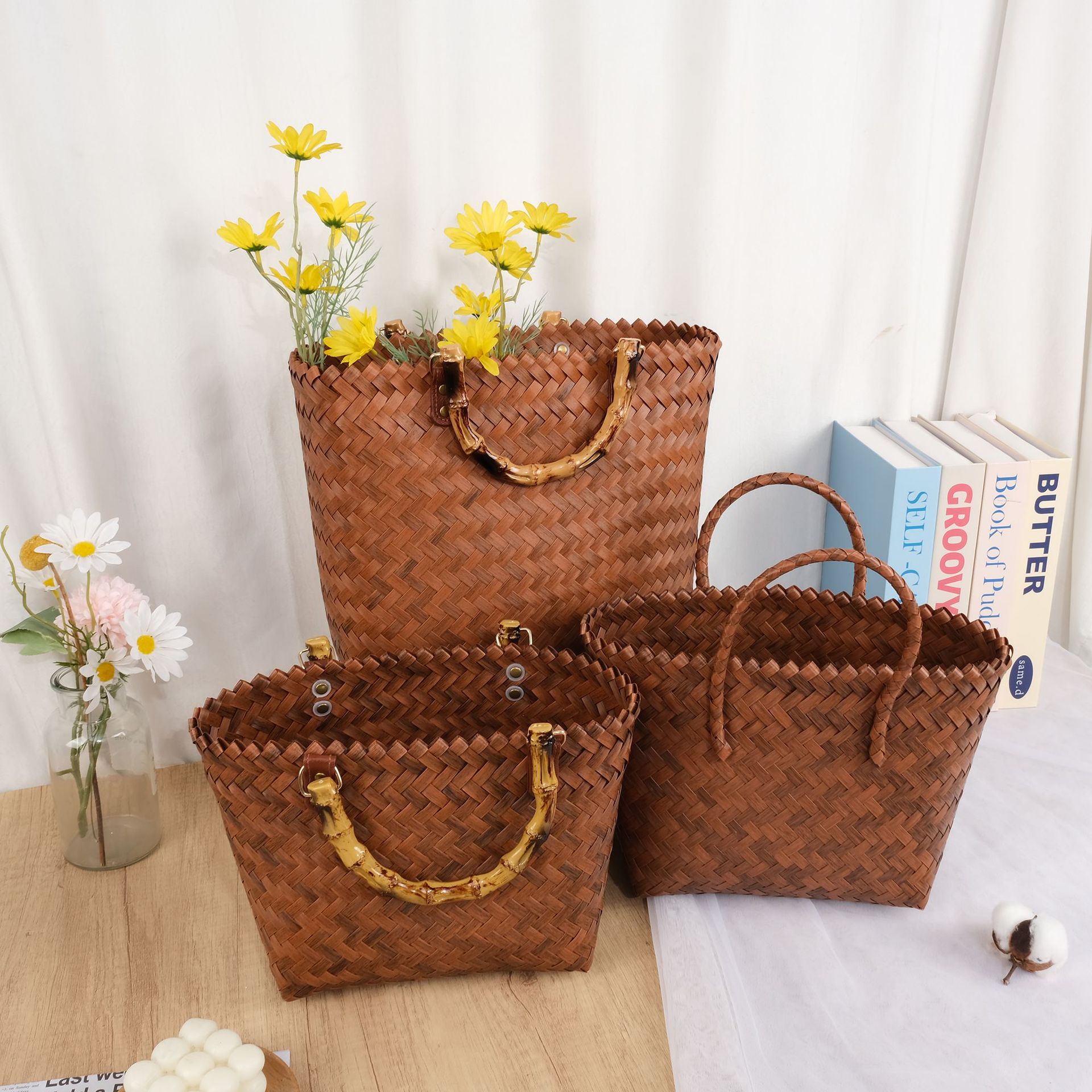 复古塑料藤编织包百搭大容量编织包手提篮度假沙滩包花篮厂家批发