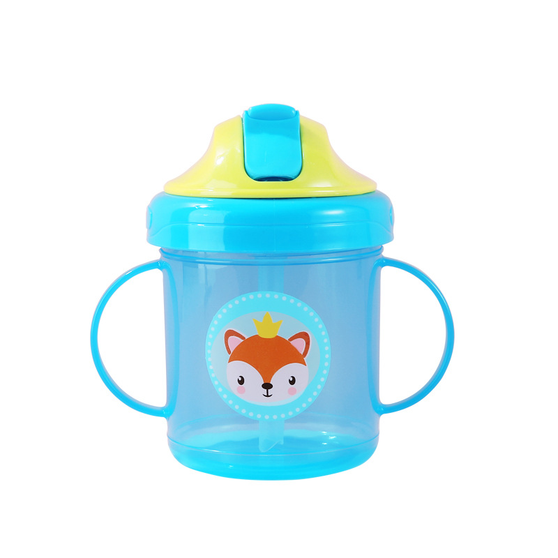 跨境大口径婴幼儿吸管学饮杯儿童喝水防尘滑盖训练PP水杯母婴用品白底实物图