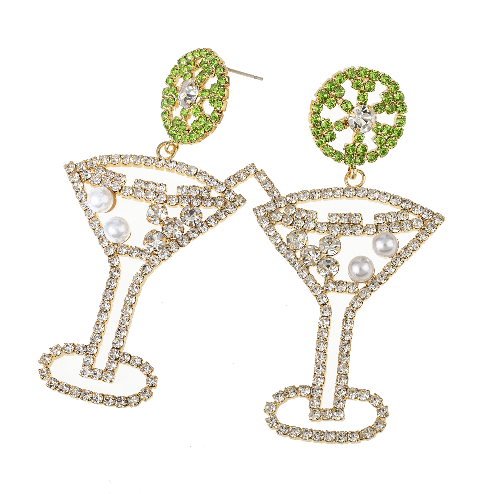 European and American cross-border carnival party earrings, diamond-encrusted pearl wine glass-shaped earrings, design sense, green rhinestone pendants, highball cup earrings, simple and elegant women's wholesale Application Scenario