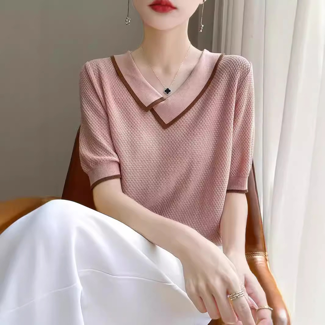 撞色薄款天丝t恤短袖针织衫显瘦遮肉翻领夏季小个子女士宽松上衣