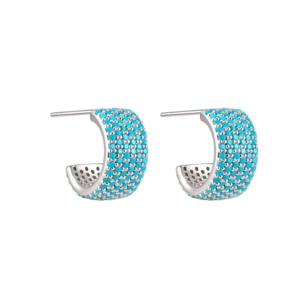 Heavy industry wide-faced blue pine zirconium ear studs, copper alloy micro-inlaid with zirconium s925 silver needles, light luxury and high-end exquisite women's earrings Item Picture
