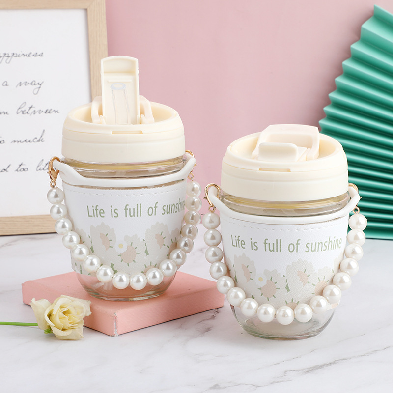 High appearance level glass water cup for girls and students, fresh and cute double-drinking cup, pearl ins style portable coffee cup details Picture