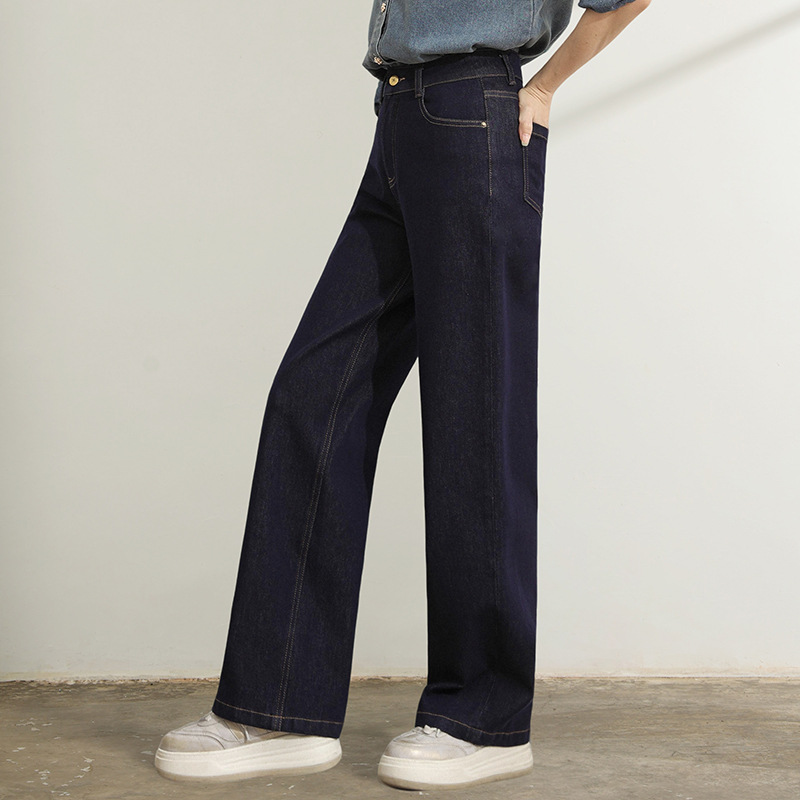 厂家直销新款批发深蓝窄版牛仔裤女慵懒休闲拖地直筒裤四面弹
