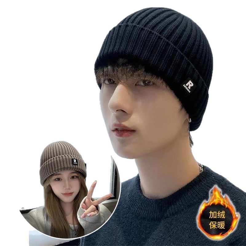 冬季男士保暖毛线帽户外保暖骑行帽加绒加厚保暖防寒护耳套头帽子                              白底实物图