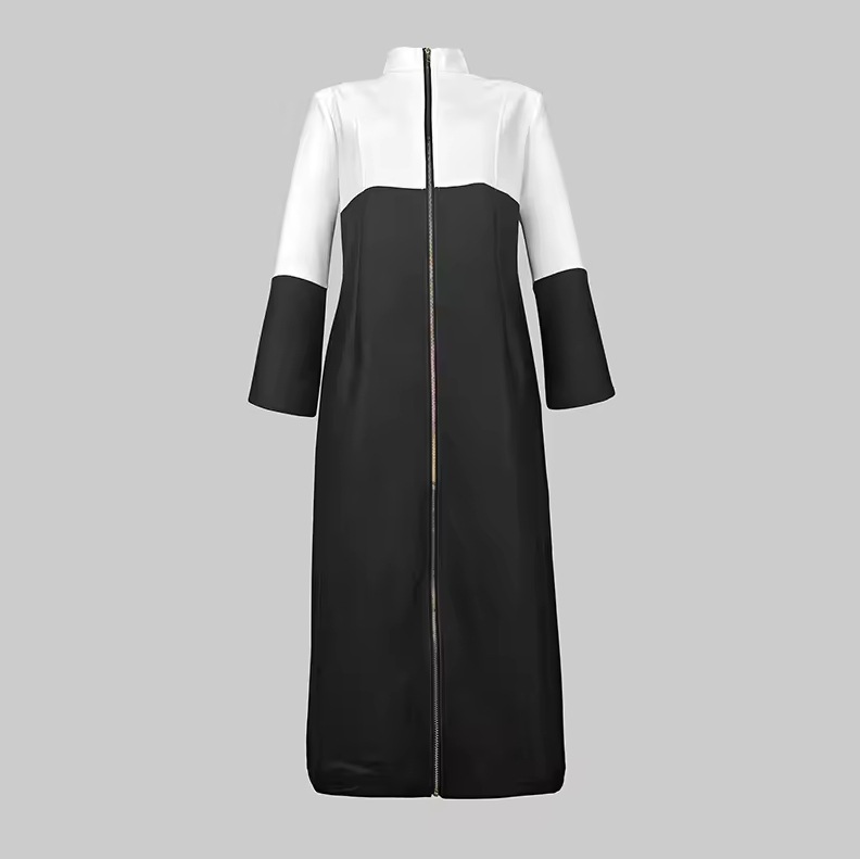 A new cross-border fashion, elegant and stylish black lapel casual long-sleeved single-breasted patchwork mid-length bandage dress Specification drawing