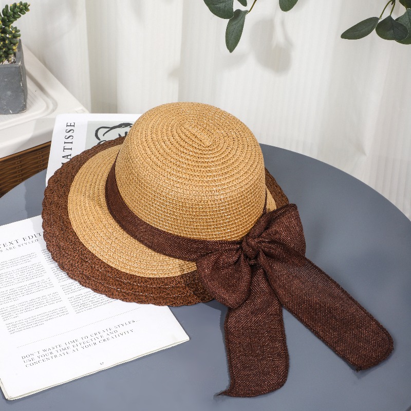 Top hat, flat-topped straw hat, women's summer beach trip, versatile sun protection hat, men's straw woven sun hat, women's beach hat details Picture