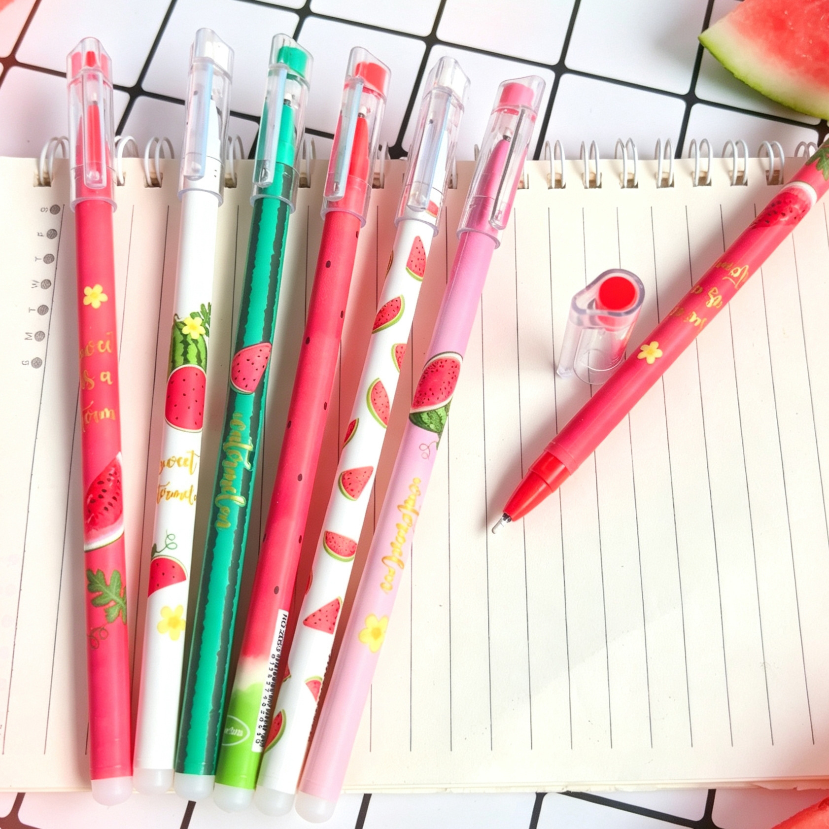 12 pieces of PVC box erasable pen with cute panda and watermelon, high appearance level, hot erasable student stationery Item Picture