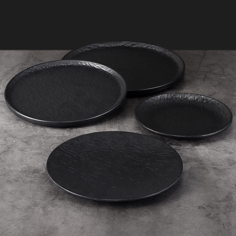 Melamine plates, black imitation porcelain round plates, shallow plates, flat plates, plastic Western-style steak plates, pasta plates, vegetable plates, commercial details Picture