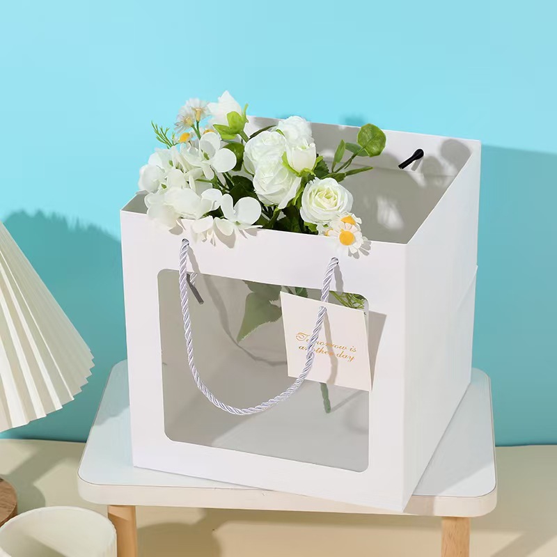 定制跨境新款白色小号鲜花手提袋高颜值商务伴手礼轻奢方形袋批发