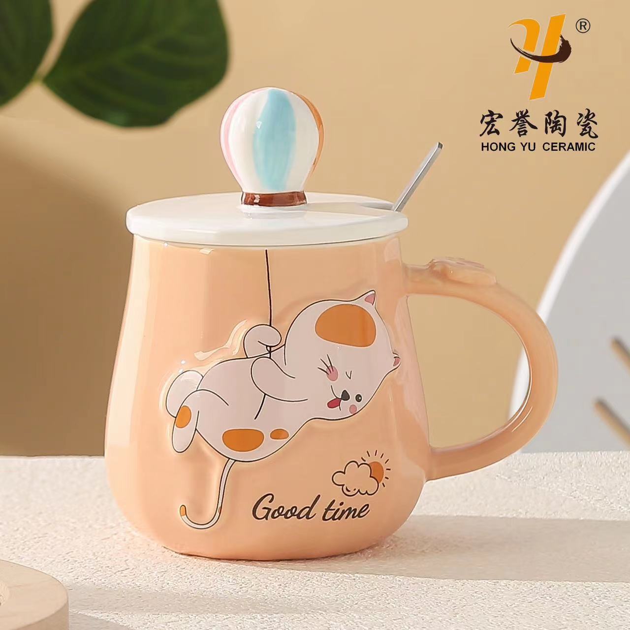 Cute embossed cat ceramic cup, high appearance level three-dimensional mug, large-capacity couple coffee and milk water cup Application Scenario