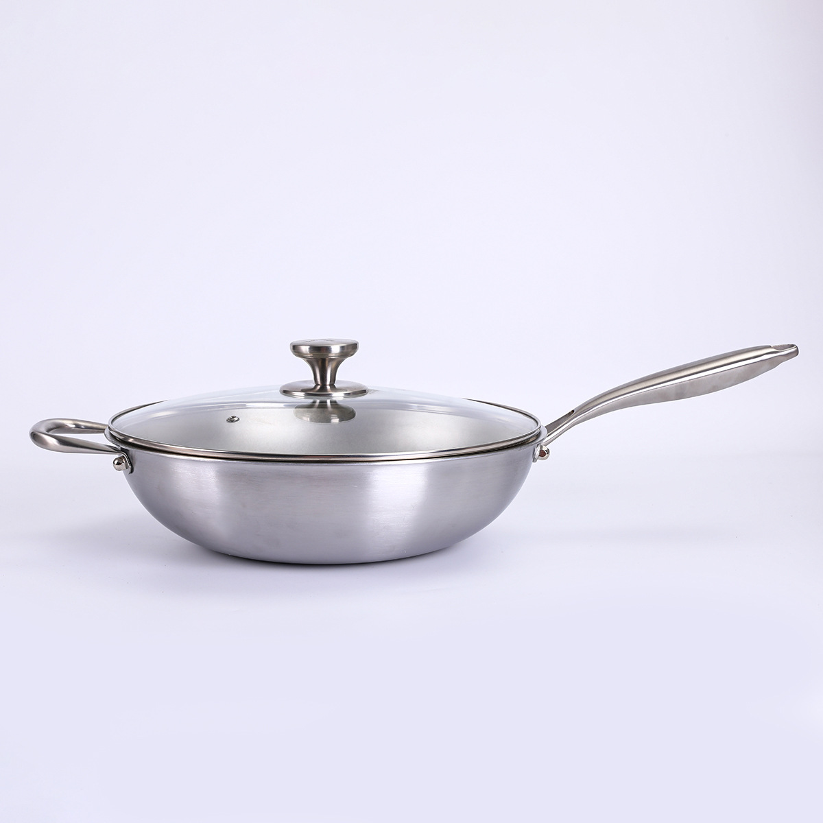 Thickened three-layer steel non-coated, non-stick 304 stainless steel flat pan, frying pan, household steak pancake pan, induction cooker