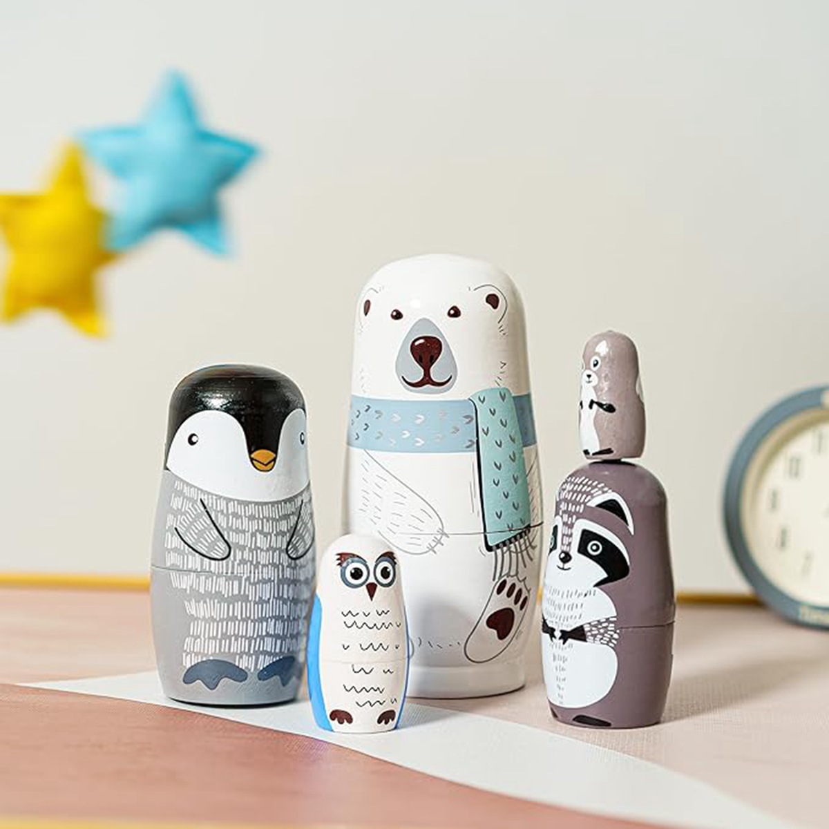 5层俄罗斯套娃木质白色大狗熊套娃家居儿童摆件益智叠叠玩具跨境