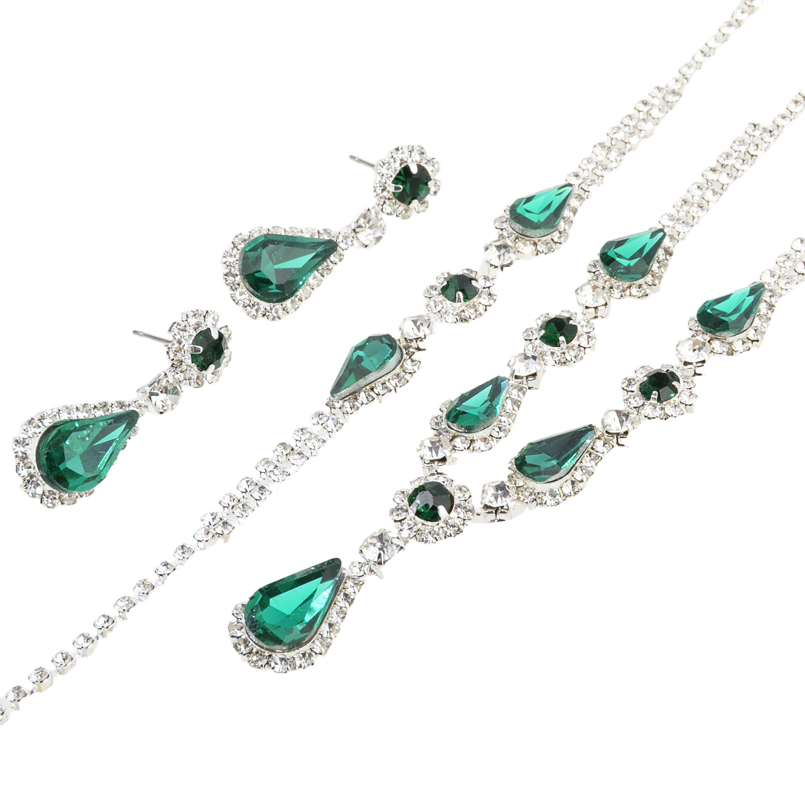 Three-piece set of luxury jewelry for cross-border European and American brides, green rhinestone teardrop-shaped jewelry set, wedding dress accessories for women Specification image