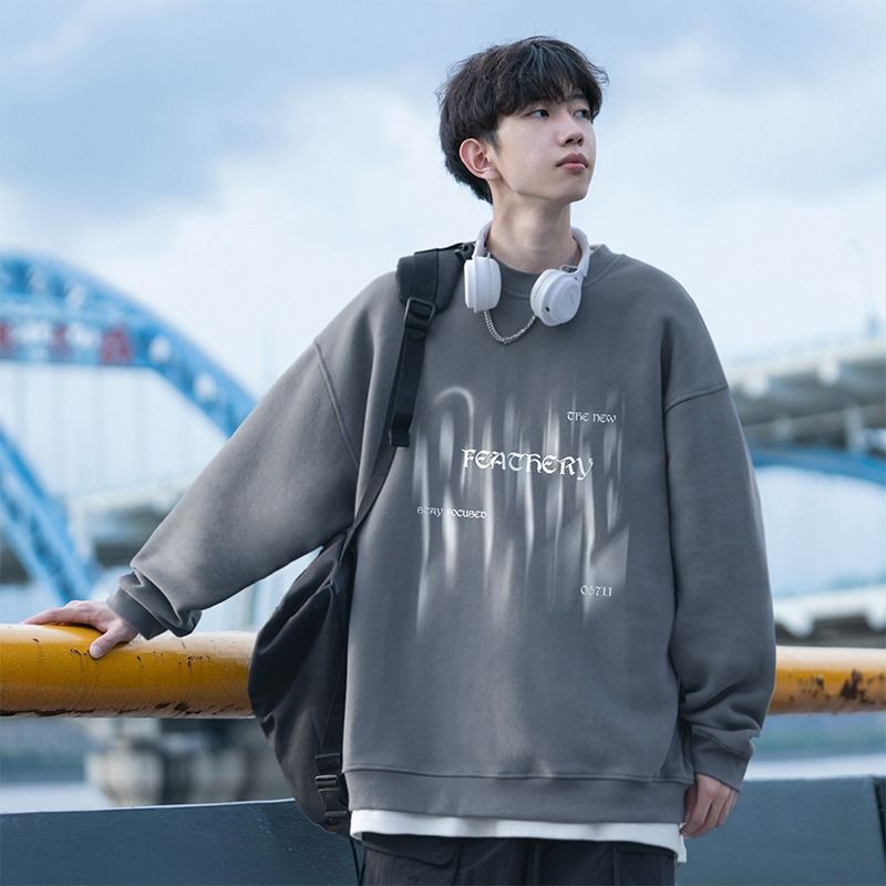 Long-sleeved T-shirt men's spring and autumn new round-neck top, pure cotton American style heavyweight versatile casual Korean-style pullover trend Specification image