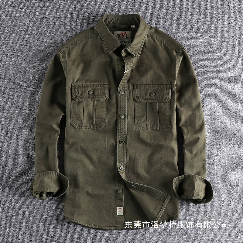 2025 Autumn new washed woven men's workwear shirt, American trend, slim and versatile light jacket, youth cotton