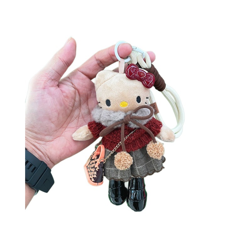 网红新款高级感长腿kt钥匙扣美拉德系超美原创黑皮Kitty包包挂件白底实物图