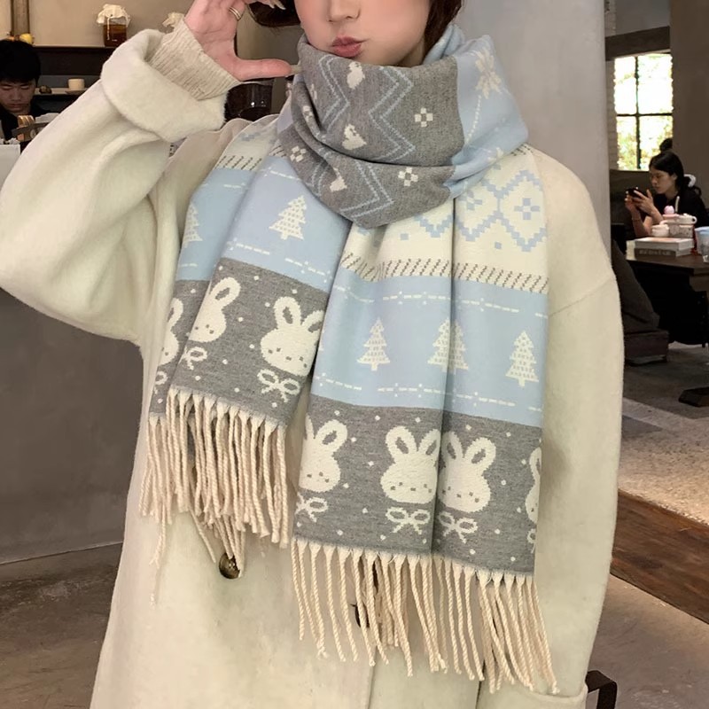 The new double-sided cartoon little rabbit scarf with tassels is super soft, cute and fresh. It's a winter scarf for students to keep warm Specification image