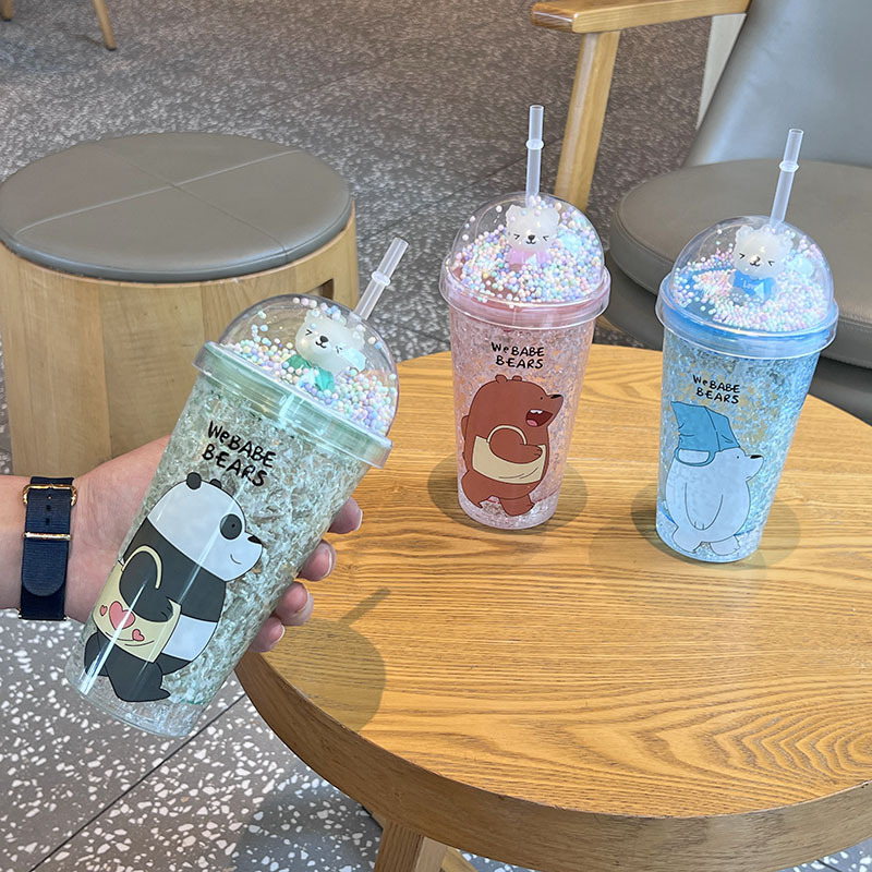 Cross-border new high-appearure-level summer Internet celebrity teddy bear cartoon plastic water cup, straw water cup, double-layer crushed ice cup details Picture