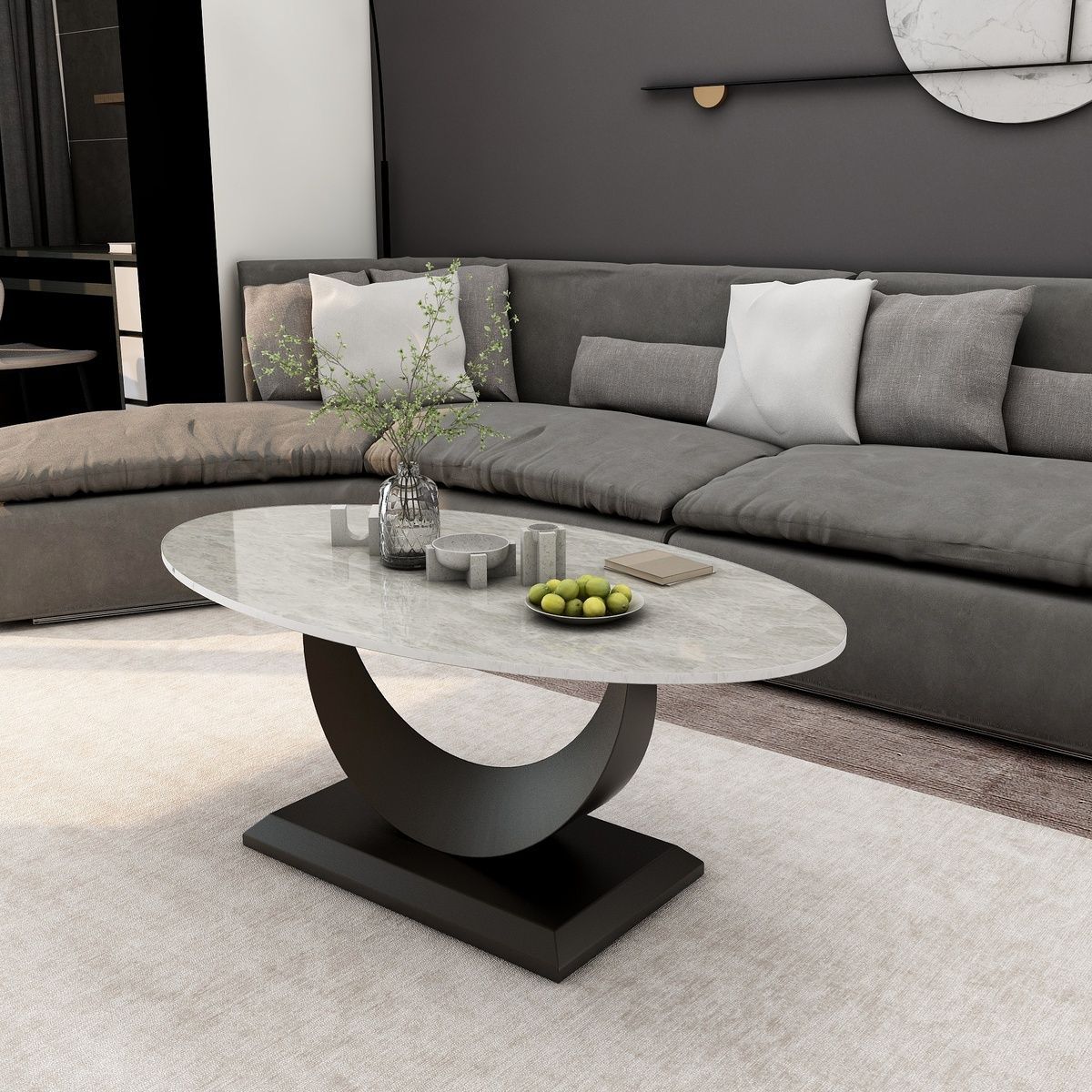 A light luxury modern glossy rock plate oval coffee table and side table combination for a small-sized living room, featuring a simple and elegant home style Specification image