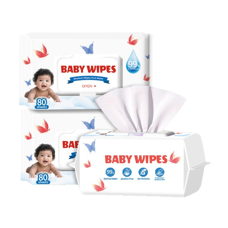Cross-border English baby wet wipes, 80-pack household wet wipes, special pure water wet wipes for newborn babies' hands and mouths Item Picture