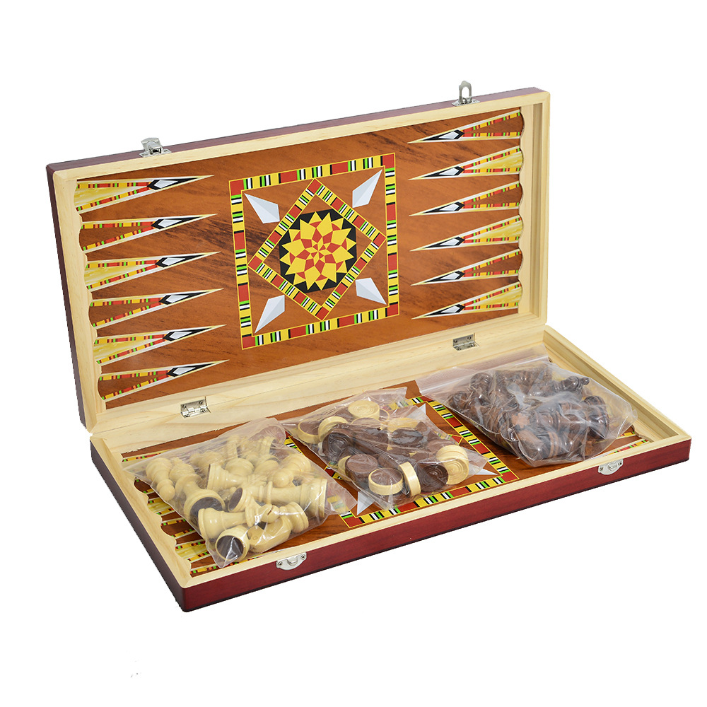 Wholesale and export of high-end, portable and foldable international chess casual entertainment chessboard with a three-in-one pattern and wood design details Picture