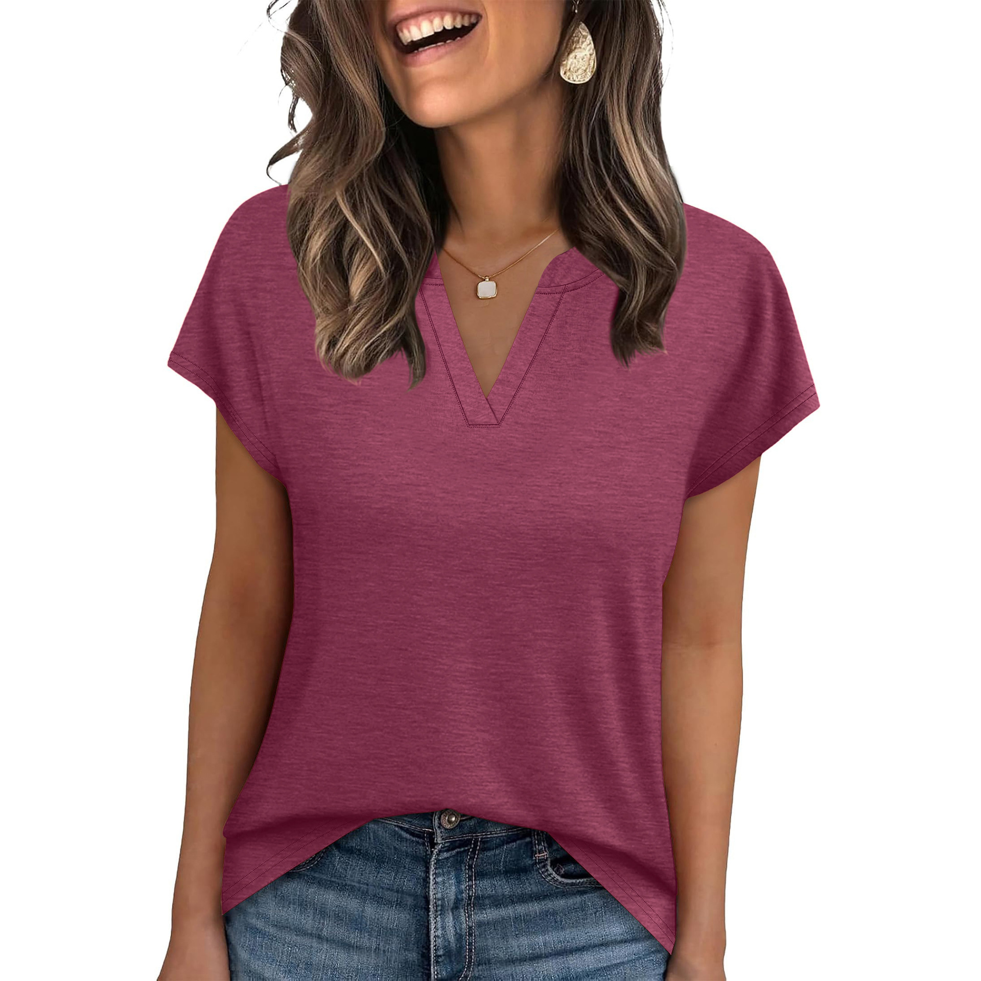 Amazon europa y Estados Unidos cross-border comercio exterior primavera verano 2026 nuevo color sólido cuello V holgado manga corta camiseta tops casuales mujeres Application Scenario