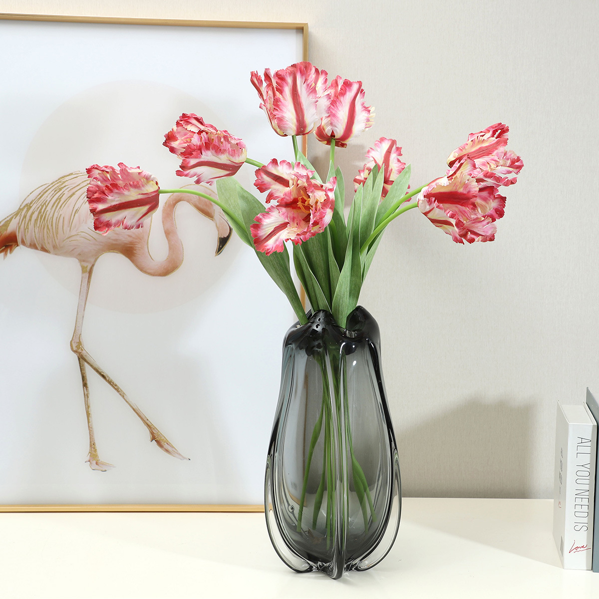 若惜高端轻奢大枝鹦鹉郁金香仿真花家居客厅餐桌装饰摆件厂家批发