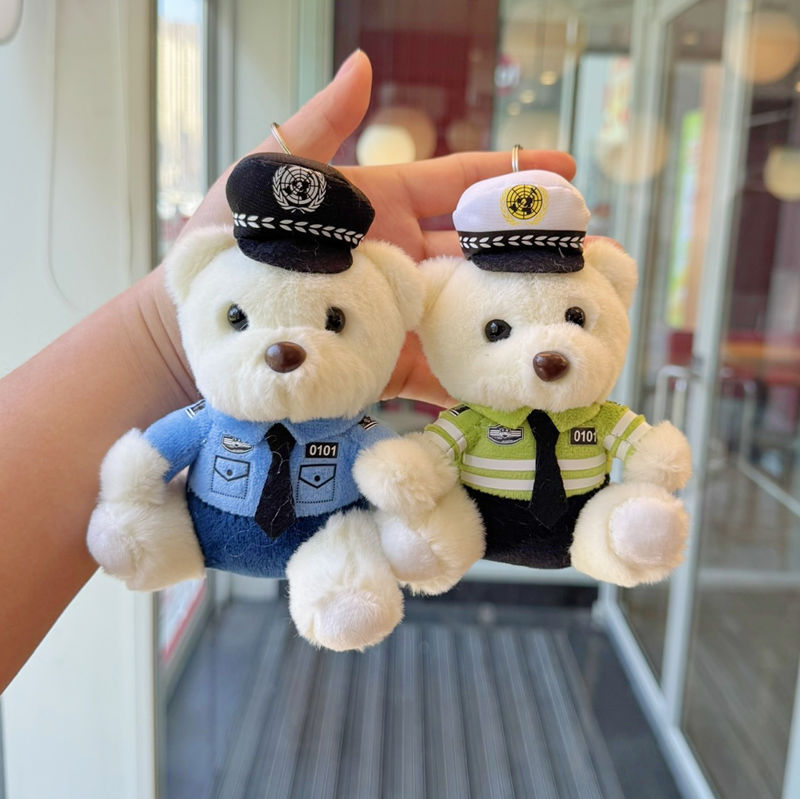 新款警察熊交警消防熊小挂件毛绒玩具公仔网红铁骑玩偶可爱钥匙扣