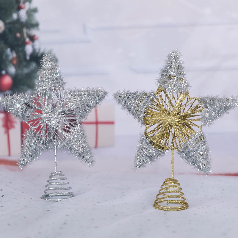 圣诞金属铁丝工艺壁炉摆件装饰品金色镂空闪粉圣诞树树顶星星挂件