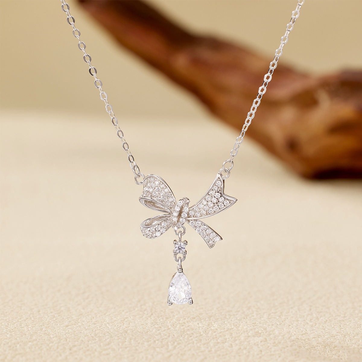 s925 Silver Full diamond bow necklace, women's ins light luxury and niche design sense pendant sweater collarbone chain full figure