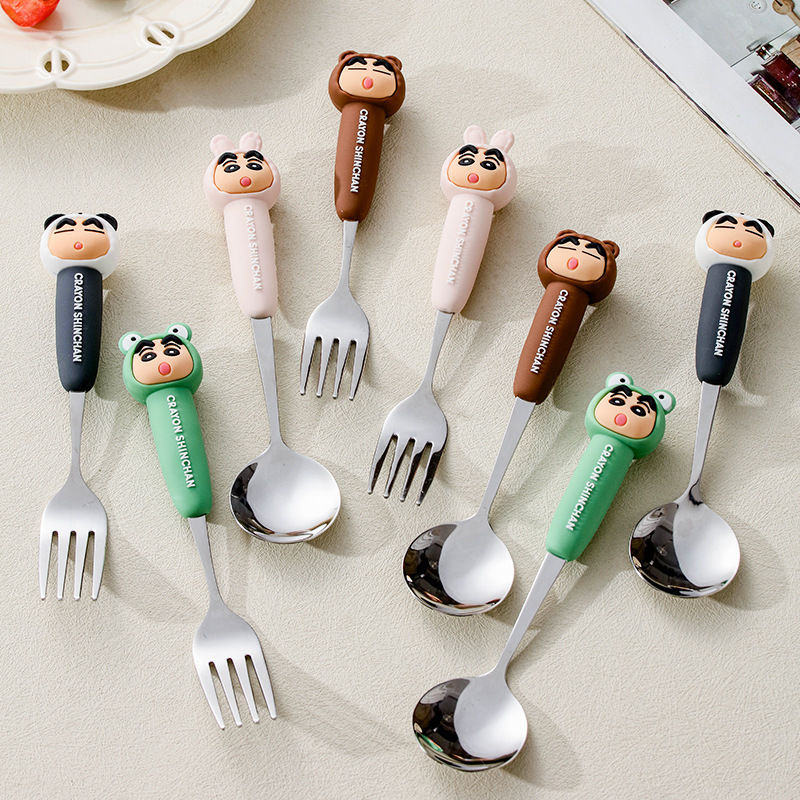 可爱蜡笔小新高颜值儿童勺子叉子家用吃饭304不锈钢西瓜勺小调羹