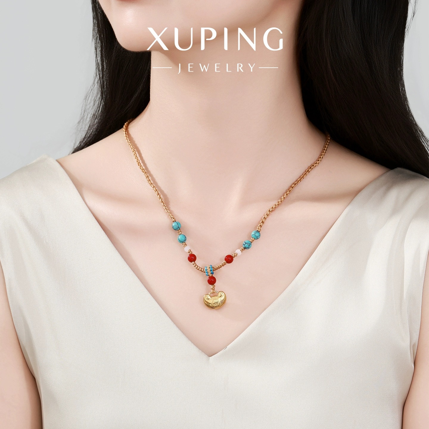 Xu Ping hand-woven pull-out adjustable necklace, colorful beaded stainless steel imitation gold ingot woven rope necklace for women Specification image