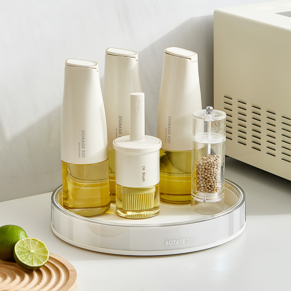 Kitchen multi-functional storage rack, countertop rotating storage tray, oil, salt, soy sauce, vinegar and condiment storage tray, PET seasoning rack Application Scenario