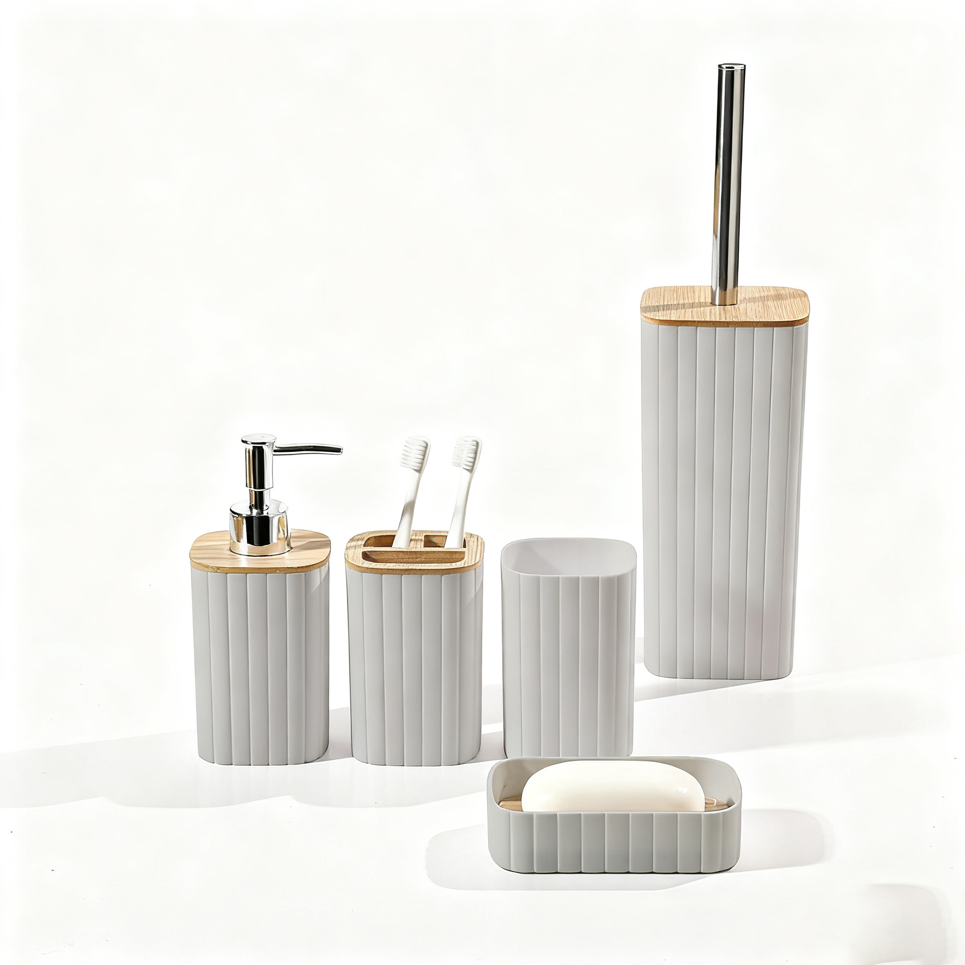 YUFEI Bamboo and Wood cover Striped bathroom and washbasin 6-piece Set, Hotel plastic washbasin storage bathroom 6-piece set Item Picture