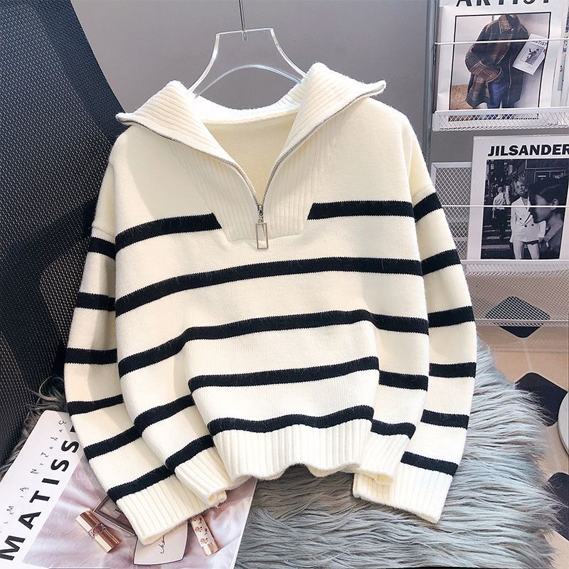 Korean loose striped high-neck base knitted sweater for women, a versatile sweater for women in autumn and winter